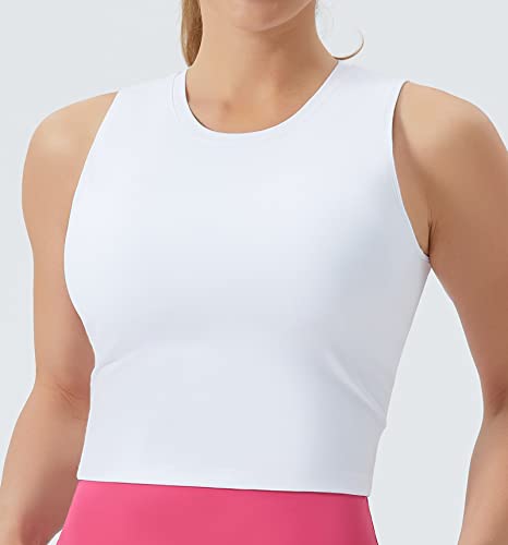 THE GYM PEOPLE Women's Medium Support Sports Bra Removable Padded Sleeveless Workout Crop Tops White