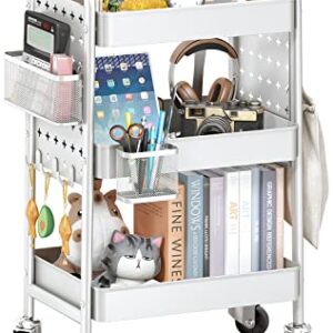 3 Tier Rolling Utility Cart - Craft Storage Organizer with Wheels, Art Cart with DIY Dual Pegboards, Removable Baskets Hooks, for Office, Home, Kitchen, Classroom (White)