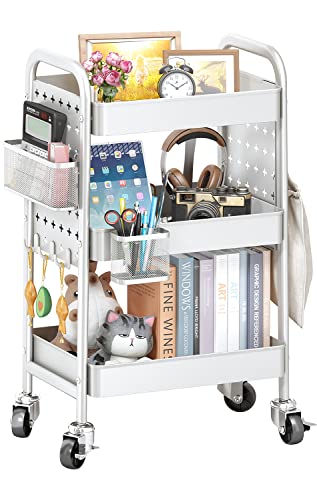 3 Tier Rolling Utility Cart - Craft Storage Organizer with Wheels, Art Cart with DIY Dual Pegboards, Removable Baskets Hooks, for Office, Home, Kitchen, Classroom (White)