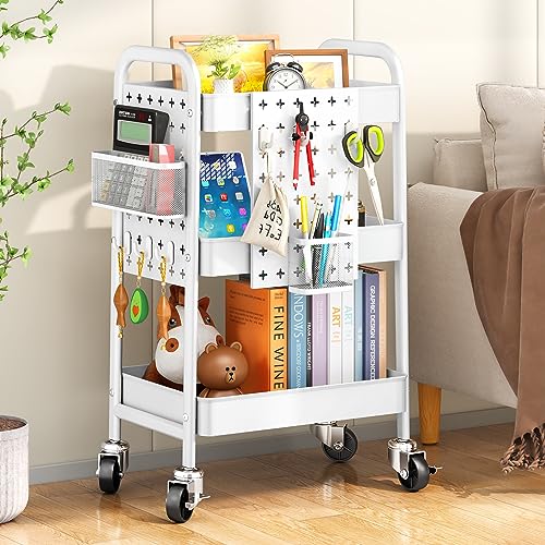 3 Tier Rolling Utility Cart - Craft Storage Organizer with Wheels, Art Cart with DIY Dual Pegboards, Removable Baskets Hooks, for Office, Home, Kitchen, Classroom (White)