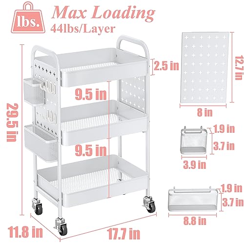 3 Tier Rolling Utility Cart - Craft Storage Organizer with Wheels, Art Cart with DIY Dual Pegboards, Removable Baskets Hooks, for Office, Home, Kitchen, Classroom (White)