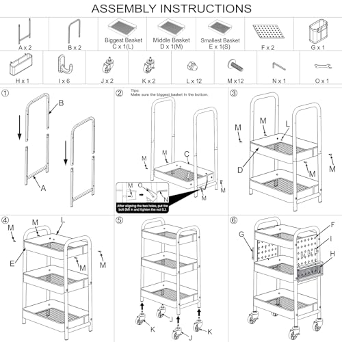 3 Tier Rolling Utility Cart - Craft Storage Organizer with Wheels, Art Cart with DIY Dual Pegboards, Removable Baskets Hooks, for Office, Home, Kitchen, Classroom (White)