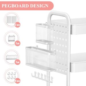 3 Tier Rolling Utility Cart - Craft Storage Organizer with Wheels, Art Cart with DIY Dual Pegboards, Removable Baskets Hooks, for Office, Home, Kitchen, Classroom (White)