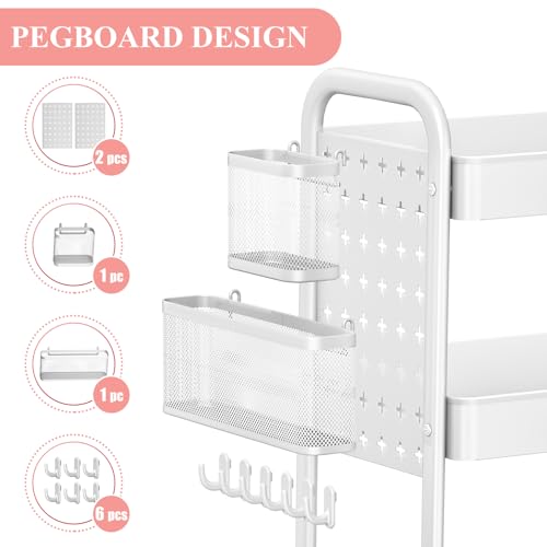 3 Tier Rolling Utility Cart - Craft Storage Organizer with Wheels, Art Cart with DIY Dual Pegboards, Removable Baskets Hooks, for Office, Home, Kitchen, Classroom (White)