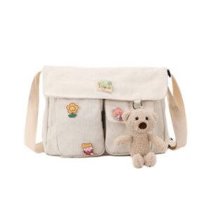 pragari canvas crossbody bag messenger cute bag with pins and pendant for women girls casual shoulder aesthetic school bag