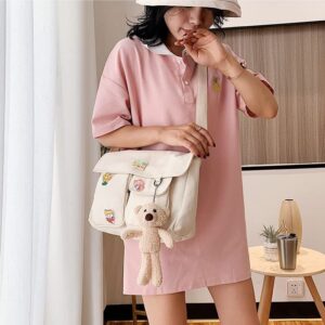 PRAGARI Canvas Crossbody Bag Messenger Cute Bag with Pins and Pendant for Women Girls Casual Shoulder Aesthetic School bag