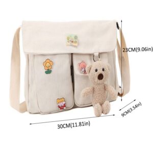 PRAGARI Canvas Crossbody Bag Messenger Cute Bag with Pins and Pendant for Women Girls Casual Shoulder Aesthetic School bag