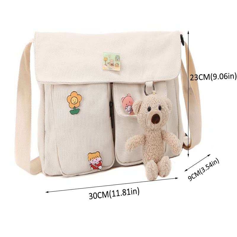 PRAGARI Canvas Crossbody Bag Messenger Cute Bag with Pins and Pendant for Women Girls Casual Shoulder Aesthetic School bag