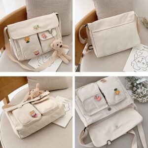 PRAGARI Canvas Crossbody Bag Messenger Cute Bag with Pins and Pendant for Women Girls Casual Shoulder Aesthetic School bag