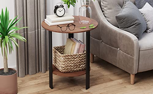 POINTANT Round End Table Round Side Table 20'' Brown Farmhouse End Table for Living Room Bedroom with 2-tire Storage Shelf Mid Century Modern End Table