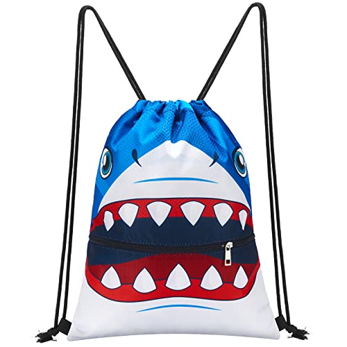 WAWSAM Shark Drawstring Backpack - Drawstring Bags for Boys Kids Swim Bag for Beach Swim Swimming Pool Draw String Bags with Zippered Pocket Waterproof Sports Gym Bag