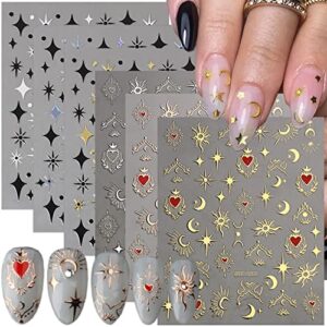 6 sheets sun star nail art stickers bronzing moon nail decals 3d self-adhesive heart nail stickers rose gold sliver starlight moon star nail designs sticker for women diy acrylic nail art supplies