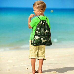 WAWSAM Dinosaur Drawstring Backpack - Drawstring Bags for Boys Kids Swim Bag for Beach Swim Swimming Pool Draw String Bags with Zippered Pocket Waterproof Sports Gym Bag