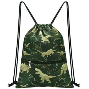 WAWSAM Dinosaur Drawstring Backpack - Drawstring Bags for Boys Kids Swim Bag for Beach Swim Swimming Pool Draw String Bags with Zippered Pocket Waterproof Sports Gym Bag