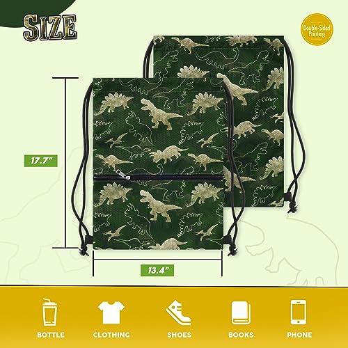 WAWSAM Dinosaur Drawstring Backpack - Drawstring Bags for Boys Kids Swim Bag for Beach Swim Swimming Pool Draw String Bags with Zippered Pocket Waterproof Sports Gym Bag