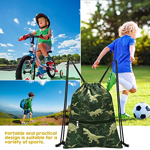 WAWSAM Dinosaur Drawstring Backpack - Drawstring Bags for Boys Kids Swim Bag for Beach Swim Swimming Pool Draw String Bags with Zippered Pocket Waterproof Sports Gym Bag