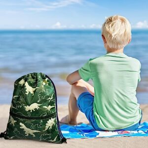 WAWSAM Dinosaur Drawstring Backpack - Drawstring Bags for Boys Kids Swim Bag for Beach Swim Swimming Pool Draw String Bags with Zippered Pocket Waterproof Sports Gym Bag