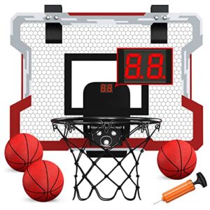 qdragon mini basketball hoop with scoreboard, over the door basketball hoop indoor, with 3 balls/inflator/breakaway rim, basketball toy gifts for kids/adults/boys/girls, red