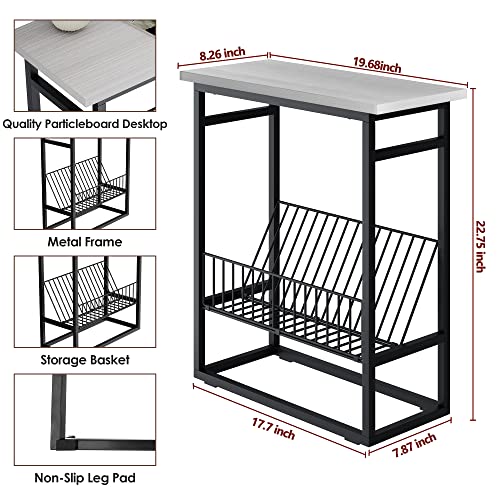 Unglehome End Table, Narrow Nightstand, Skinny Bedside Tables, Small Side Table for Small Spaces with Magazine Holder Rustic Slim Little Thin Table for Living Room, Bedroom, Sofa-Light Grey