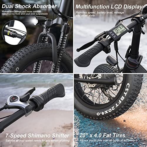 TotGuard Electric Bike,20" x4.0 Fat Tire Electric Bike for Adults,500W 20MPH Foldable Ebike,48V 10Ah Removable Battery, Snow Beach Mountain Electric Bicycle with Dual Shock Absorber, Shimano 7-Speed