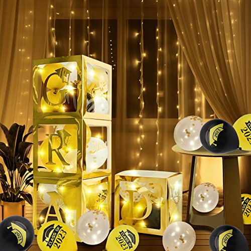 Beyzatoy 2023 Graduation Balloon Boxes Decorations, Graduation Decorations Class of 2023 Include 4Pcs Black and Gold Grad Boxes Come with GRAD and Class of 2023 Signs Party Supplies