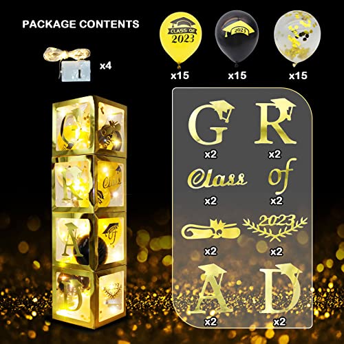 Beyzatoy 2023 Graduation Balloon Boxes Decorations, Graduation Decorations Class of 2023 Include 4Pcs Black and Gold Grad Boxes Come with GRAD and Class of 2023 Signs Party Supplies