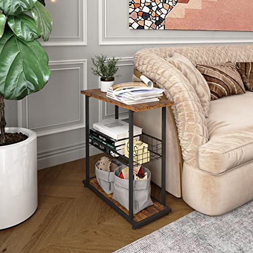 PROXRACER Side Table, 3-Tier End Table, Narrow Sofa Table Bedside Table, Small Nightstand with Storage Shelf for Living Room, Study, Bedroom, Rustic Brown