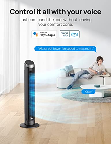 Dreo Smart Tower Fan for Bedroom, Standing Fans for Indoors, 90° Oscillating, 26ft/s Velocity Quiet Floor Fan with Remote, 8H Timer, Voice Control Bladeless Fans for Indoors, Works with Alexa