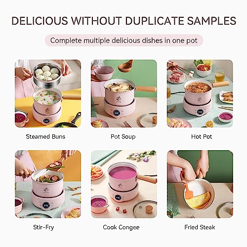 Drizzle Pink Electrical Cooker 1.8L - 6 in 1 Soup,Prridge,Noodle,Steamer,Hot Pot,Delay Start - Multifunctional Hot Pot Non-stick Portable Pan - Egg Rice Ramen Oatmeal Steak Pasta - Dorm Office Hotel Camping