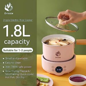 Drizzle Pink Electrical Cooker 1.8L - 6 in 1 Soup,Prridge,Noodle,Steamer,Hot Pot,Delay Start - Multifunctional Hot Pot Non-stick Portable Pan - Egg Rice Ramen Oatmeal Steak Pasta - Dorm Office Hotel Camping