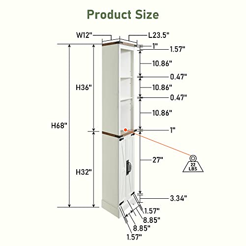 OKD Tall Corner Cabinet, Farmhouse Storage Cabinet with Barn Door Design & Adjustable Shelves, Home Space Saver for Bathroom, Living Room, Laundry Room, Rustic Oak with Antique White