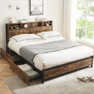 alohappy king size bed frame with bookcase headboard and 4 storage drawers,metal platform bed frame,double-row support bars, easy assembly, noise-free, no box spring needed(vintage brown)