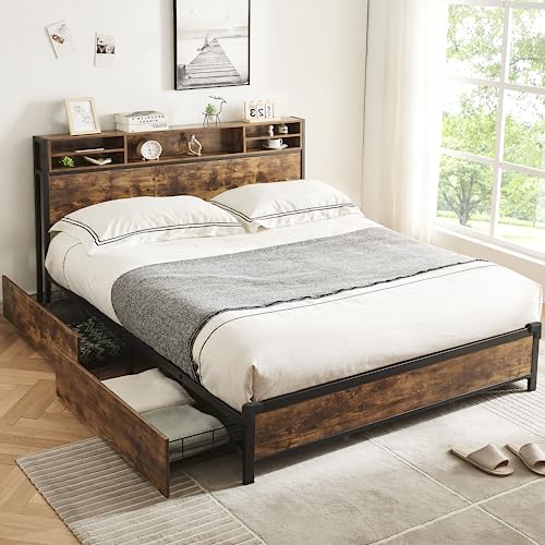 Alohappy King Size Bed Frame with Bookcase Headboard and 4 Storage Drawers,Metal Platform Bed Frame,Double-Row Support Bars, Easy Assembly, Noise-Free, No Box Spring Needed(Vintage Brown)