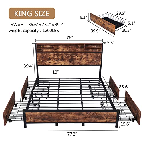 Alohappy King Size Bed Frame with Bookcase Headboard and 4 Storage Drawers,Metal Platform Bed Frame,Double-Row Support Bars, Easy Assembly, Noise-Free, No Box Spring Needed(Vintage Brown)