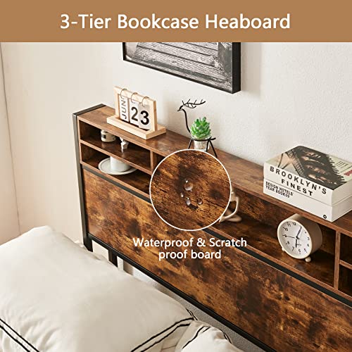 Alohappy King Size Bed Frame with Bookcase Headboard and 4 Storage Drawers,Metal Platform Bed Frame,Double-Row Support Bars, Easy Assembly, Noise-Free, No Box Spring Needed(Vintage Brown)