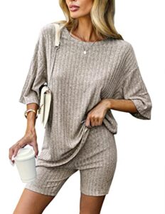 ekouaer pajamas 2 piece lounge sets ribbed knit matching outfits t-shirt biker shorts sleepwear loungewear sweatsuits camel large