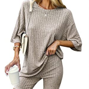 Ekouaer Pajamas 2 Piece Lounge Sets Ribbed Knit Matching Outfits T-shirt Biker Shorts Sleepwear Loungewear Sweatsuits Camel Large