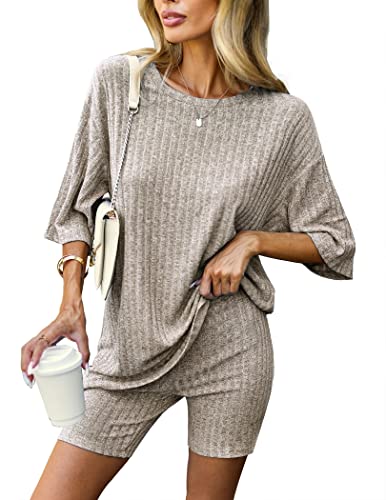 Ekouaer Pajamas 2 Piece Lounge Sets Ribbed Knit Matching Outfits T-shirt Biker Shorts Sleepwear Loungewear Sweatsuits Camel Large