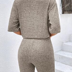 Ekouaer Pajamas 2 Piece Lounge Sets Ribbed Knit Matching Outfits T-shirt Biker Shorts Sleepwear Loungewear Sweatsuits Camel Large