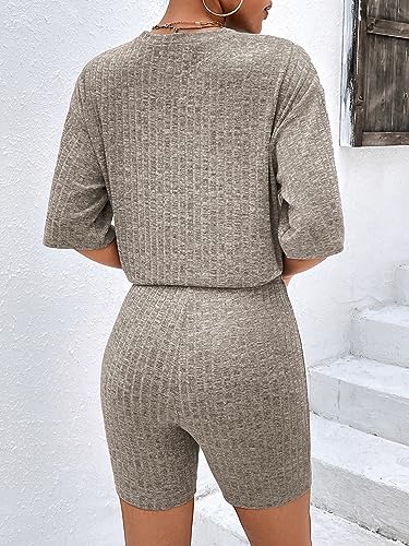 Ekouaer Pajamas 2 Piece Lounge Sets Ribbed Knit Matching Outfits T-shirt Biker Shorts Sleepwear Loungewear Sweatsuits Camel Large