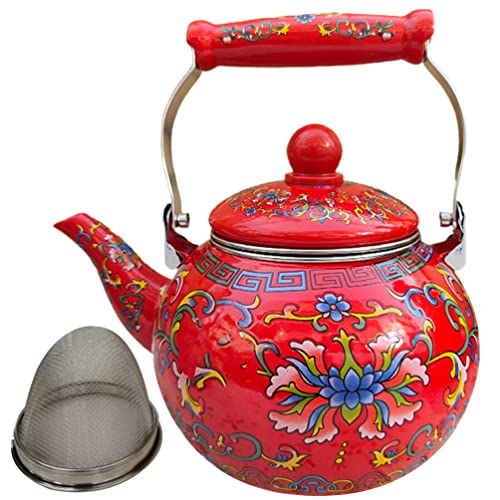 Hemoton Camping Kettle Tea Pots Enamel Tea Kettle Stove Teapot with Infuser Porcelain Enameled Teakettle Hot Water Kettle Pot Water Coffee Warmer for Home Restaurant 2.2L Red Coffee Pot