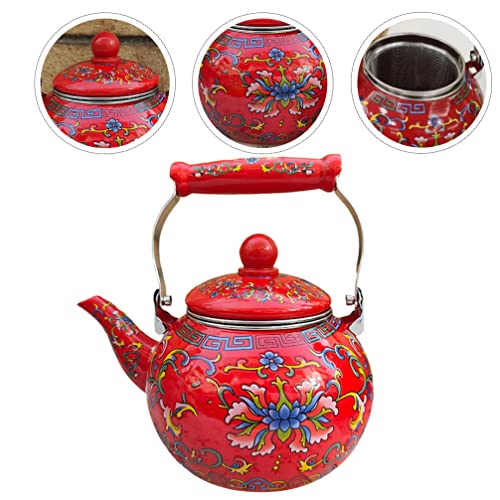 Hemoton Camping Kettle Tea Pots Enamel Tea Kettle Stove Teapot with Infuser Porcelain Enameled Teakettle Hot Water Kettle Pot Water Coffee Warmer for Home Restaurant 2.2L Red Coffee Pot