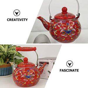 Hemoton Camping Kettle Tea Pots Enamel Tea Kettle Stove Teapot with Infuser Porcelain Enameled Teakettle Hot Water Kettle Pot Water Coffee Warmer for Home Restaurant 2.2L Red Coffee Pot