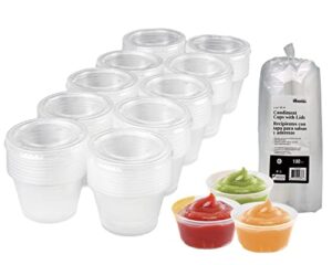 condiment cups with lids, 100 sets per pack: small plastic containers for salad dressings, sauce and jello shots at home, work and restaurants