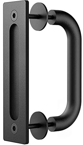 Haritoft All New Sliding Barn Door Handle Pull and Flush Hardware Set, Two-Side with Flat Back-Plate Design, C-Shape, Rustic Black