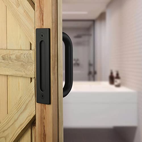 Haritoft All New Sliding Barn Door Handle Pull and Flush Hardware Set, Two-Side with Flat Back-Plate Design, C-Shape, Rustic Black