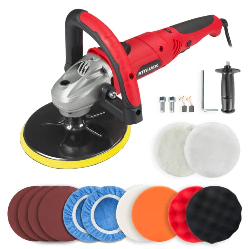 KITLUCK Buffer Polisher, 7 Inch Rotary Polisher For Car Detailing, 7.5A 900W 6 Variable Speed Car Buffer Machine 4300RPM, 5/8"-11UNF, With Foam/Wool Pad Kit For Car Polishing, Buffing, Waxing, Sanding