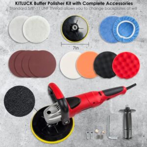 KITLUCK Buffer Polisher, 7 Inch Rotary Polisher For Car Detailing, 7.5A 900W 6 Variable Speed Car Buffer Machine 4300RPM, 5/8"-11UNF, With Foam/Wool Pad Kit For Car Polishing, Buffing, Waxing, Sanding