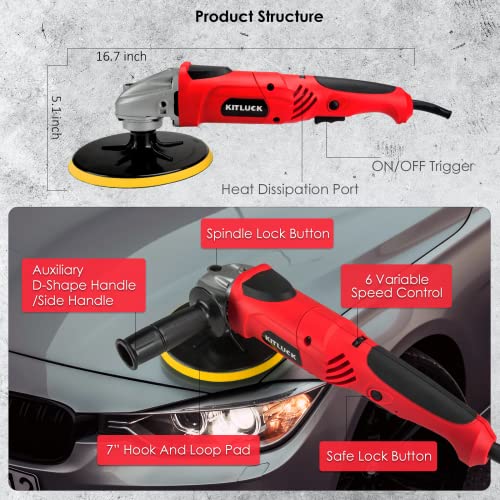 KITLUCK Buffer Polisher, 7 Inch Rotary Polisher For Car Detailing, 7.5A 900W 6 Variable Speed Car Buffer Machine 4300RPM, 5/8"-11UNF, With Foam/Wool Pad Kit For Car Polishing, Buffing, Waxing, Sanding