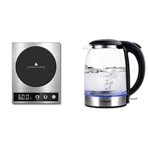 cosori mug warmer & coffee cup warmer, silver & electric kettle with stainless steel filter and inner lid, 1500w wide opening 1.7l glass tea kettle & hot water boiler, matte black